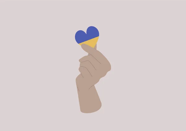 Hand Holding Heart Colored Ukrainian Flag Support Ukraine — Stock Vector