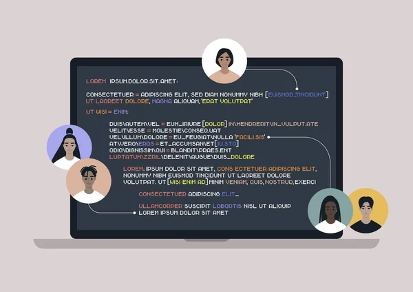 Совместный Инструмент Написания Кода Разнообразные Пользовательские Аватары Предлагающие Правки — стоковый вектор