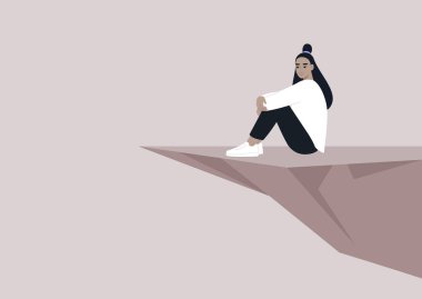 A young character sitting on the edge of the cliff, a depressive episode