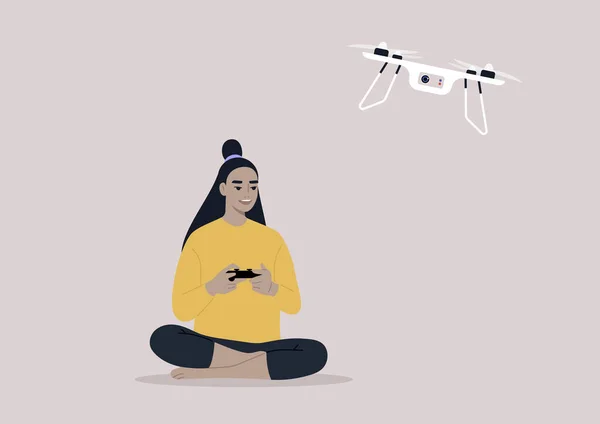 Young Female Asian Character Flying Drone Remote Control New Technologies — Διανυσματικό Αρχείο