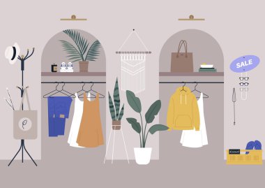 Moda mağazası, organik malzemeler ve aksesuarlar, el yapımı dekorasyon.