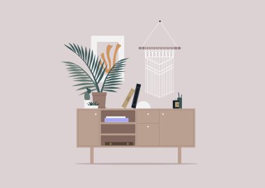 Vintage home interior, a cabinet with storage compartments, and cozy accessories