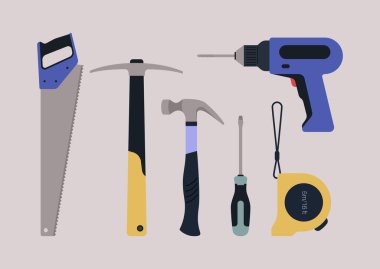 A hardware toolkit, a picker, a handsaw, a hammer, a drill, a tape measure, and a screwdriver