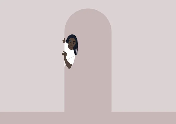 Young Female African Character Peeking Out Door Hallway View — Stock vektor