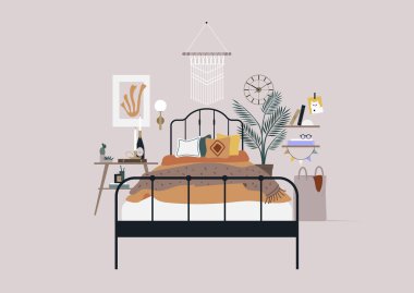 A boho chic bedroom decorated with house plants, blankets, pillows, books, candles, and other home decor