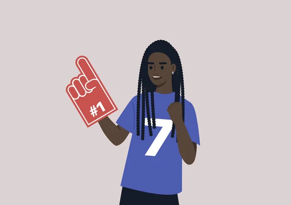 Young Female African Team Supporter Waving Foam Finger Sports Competition — Archivo Imágenes Vectoriales