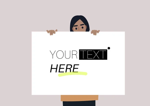 Young Female Caucasian Character Holding Poster Your Text Here Concept — Stock Vector