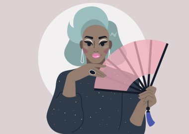 Parlak siyah bir elbise, parlak bir makyaj, gay topluluğu, LGBTQ gururu giymiş bir yelpaze ile sürükleme kraliçesi.