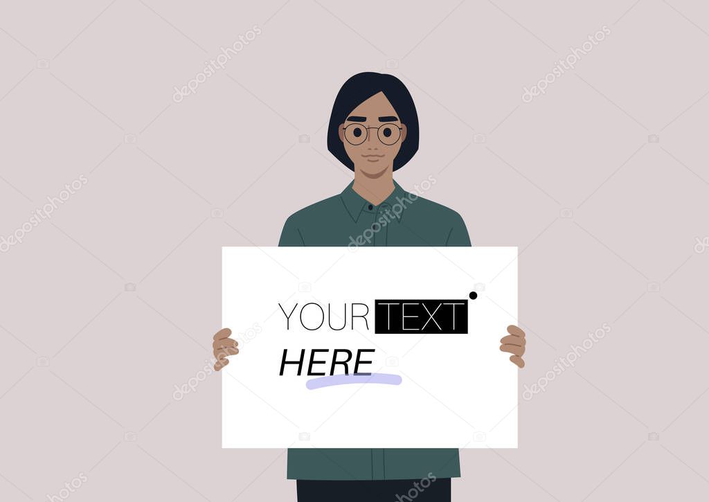 A young female Caucasian character holding a poster, your text here concept