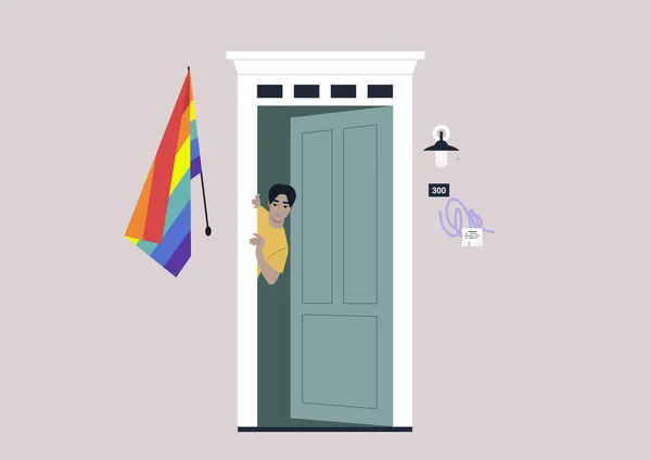 Young Male Asian Character Peeking Out Entrance Door Rainbow Flag — стоковый вектор