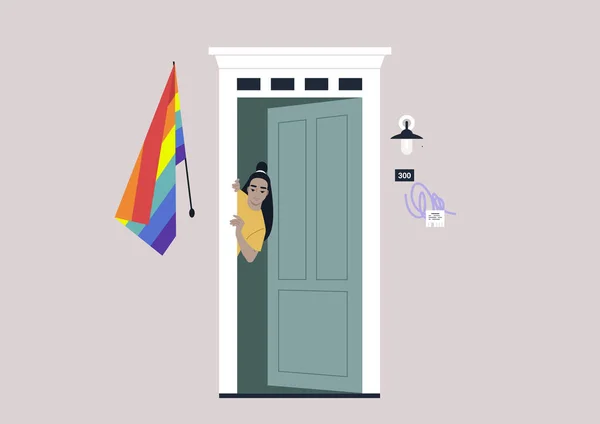 Young Female Asian Character Peeking Out Entrance Door Rainbow Flag — стоковый вектор