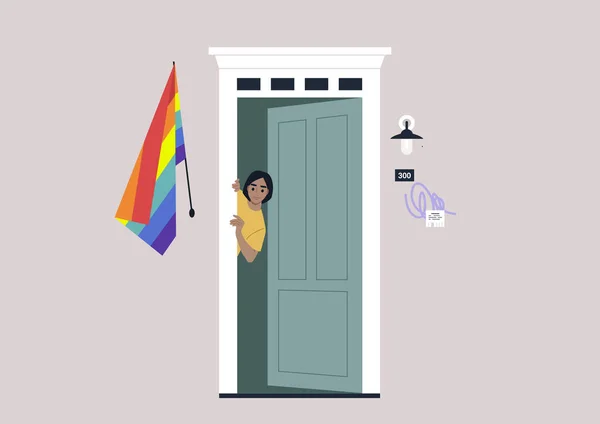 Young Female Caucasian Character Peeking Out Entrance Door Rainbow Flag — стоковый вектор