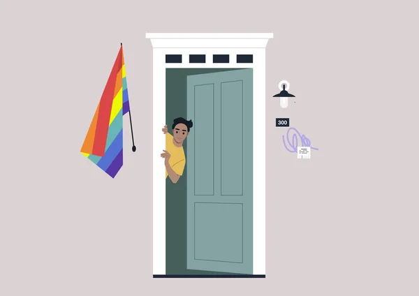 Young Male Caucasian Character Peeking Out Entrance Door Rainbow Flag — стоковый вектор