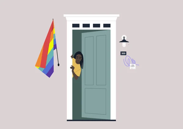 Young Female African Character Peeking Out Entrance Door Rainbow Flag — стоковый вектор