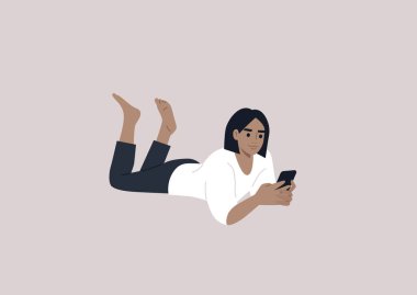 A young female Caucasian character lying on their stomach and checking their phone
