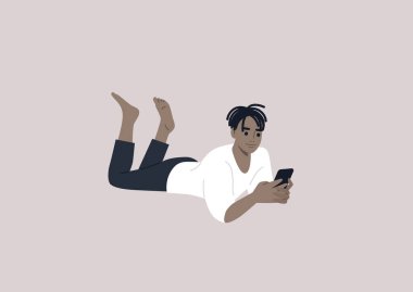 A young male African character lying on their stomach and checking their phone