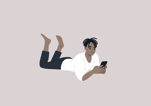 Young Male African Character Lying Stomach Checking Phone — Stockvector