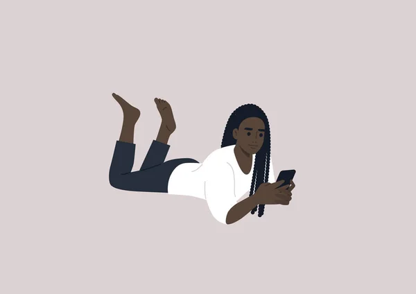 Young Female African Character Lying Stomach Checking Phone — Image vectorielle