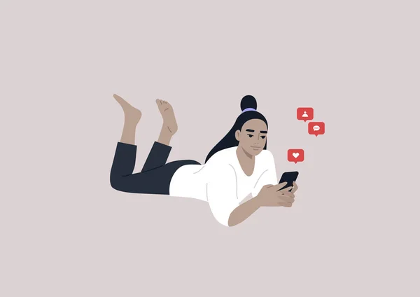 Young Female Asian Character Lying Stomach Checking Mobile Phone Notifications — Image vectorielle