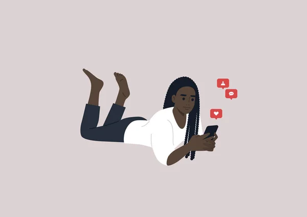 Young Female African Character Lying Stomach Checking Mobile Phone Notifications — Stockvektor