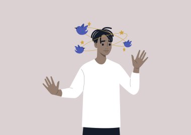 A young male African character feeling dizzy with blue birds and yellow stars orbiting around their head