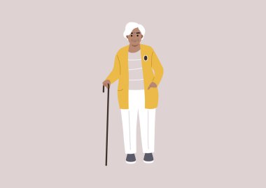 A portrait of a senior Caucasian lady with a walking cane, a cartoon character