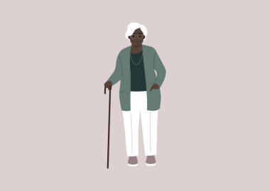 A portrait of a senior African lady with a walking cane, a cartoon character