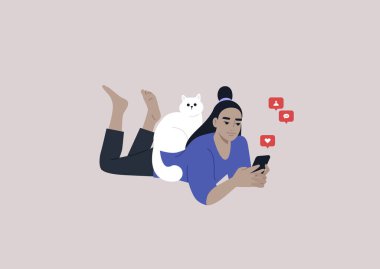 A young female Asian character lying on their stomach and checking their mobile phone notifications, a cat sitting on their back