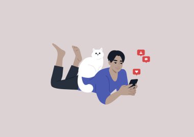 A young male Asian character lying on their stomach and checking their mobile phone notifications, a cat sitting on their back