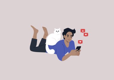 A young male Caucasian character lying on their stomach and checking their mobile phone notifications, a cat sitting on their back