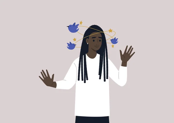 Young Female African Character Feeling Dizzy Blue Birds Yellow Stars — 스톡 벡터