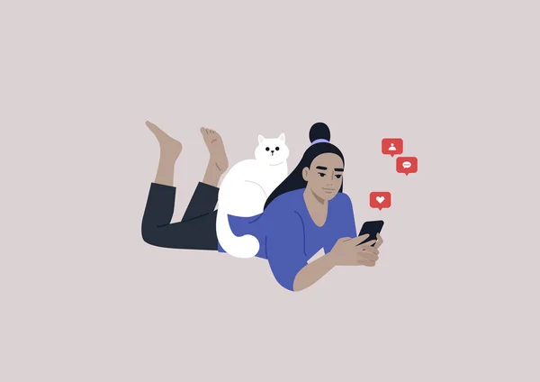 Young Female Asian Character Lying Stomach Checking Mobile Phone Notifications — Image vectorielle