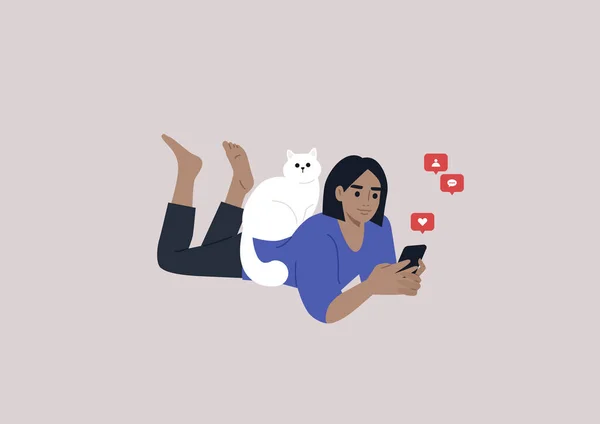 Young Female Caucasian Character Lying Stomach Checking Mobile Phone Notifications — Wektor stockowy