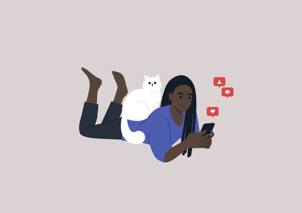 Young Female African Character Lying Stomach Checking Mobile Phone Notifications — Stockvektor