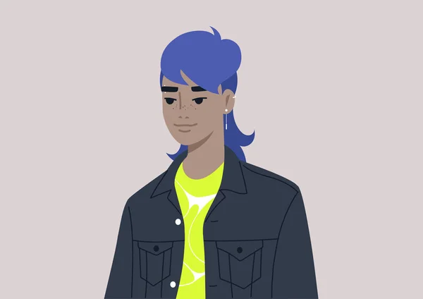 Ένας Νεαρός Στυλάτος Χαρακτήρας Μπλε Μαλλιά Που Φοράει Ένα Μοντέρνο — Διανυσματικό Αρχείο