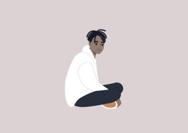 A young male African character sitting on the floor with their legs crossed