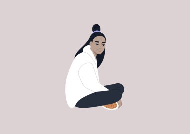A young female Asian character sitting on the floor with their legs crossed