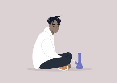 A young adult African male character smoking weed with a glass bong