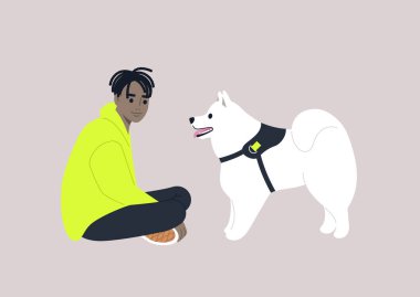 A young male African character sitting on the floor with their samoyed dog