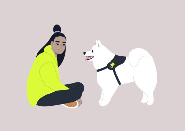 A young female Asian character sitting on the floor with their samoyed dog