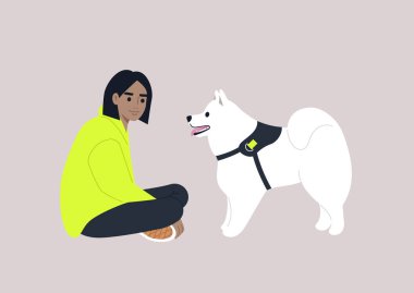 A young female Caucasian character sitting on the floor with their samoyed dog