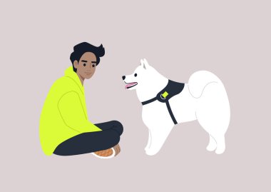 A young male Caucasian character sitting on the floor with their samoyed dog