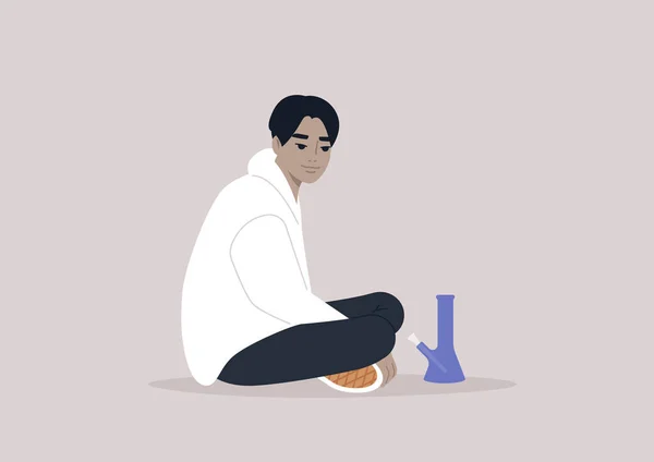Young Adult Asian Male Character Smoking Weed Glass Bong — Image vectorielle