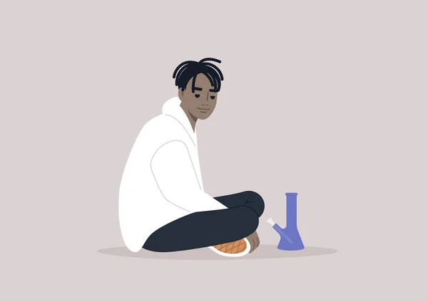 Young Adult African Male Character Smoking Weed Glass Bong — Image vectorielle