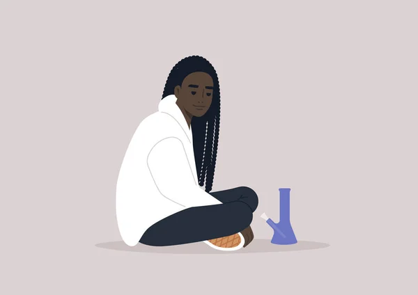 Young Adult African Female Character Smoking Weed Glass Bong — Image vectorielle