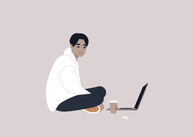 A young male Asian character sitting on the floor and working on their laptop with crossed legs