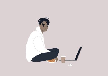 A young male African character sitting on the floor and working on their laptop with crossed legs