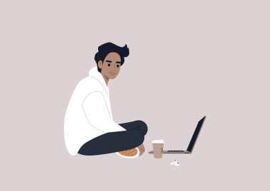 A young male Caucasian character sitting on the floor and working on their laptop with crossed legs