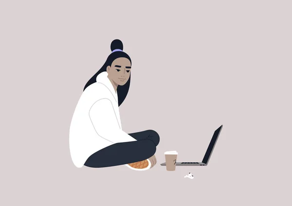 Young Female Asian Character Sitting Floor Working Laptop Crossed Legs — Vetor de Stock