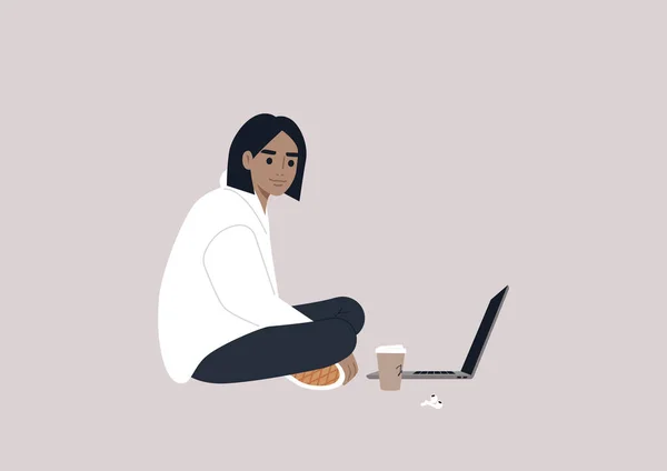 Young Female Caucasian Character Sitting Floor Working Laptop Crossed Legs —  Vetores de Stock